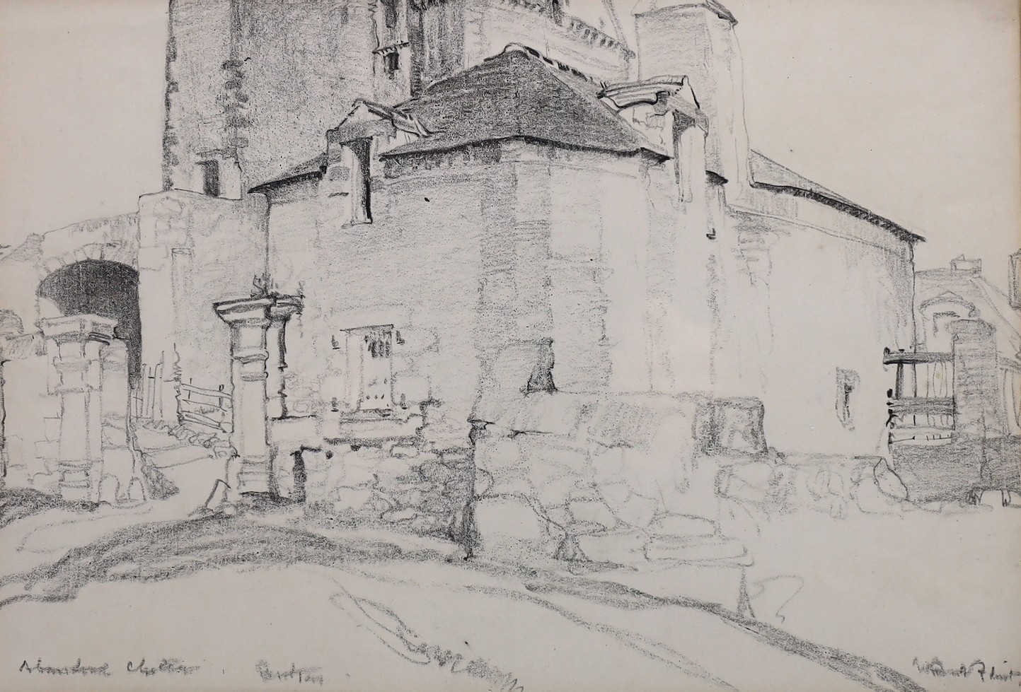 Sir William Russell Flint RA PRWS (British, 1880-1969), 'Abandoned Chateau', pencil and charcoal, 23.5 x 34.5cm